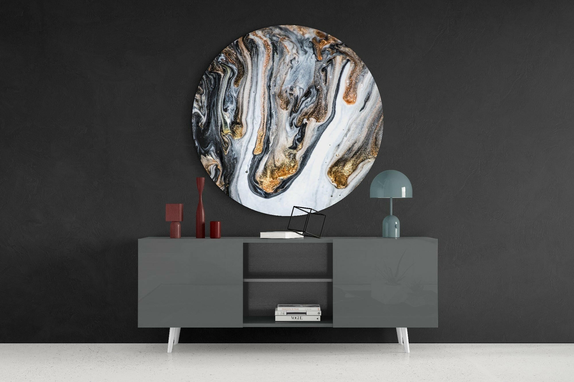 Round Gold Drip Black Marble Glass Wall Art