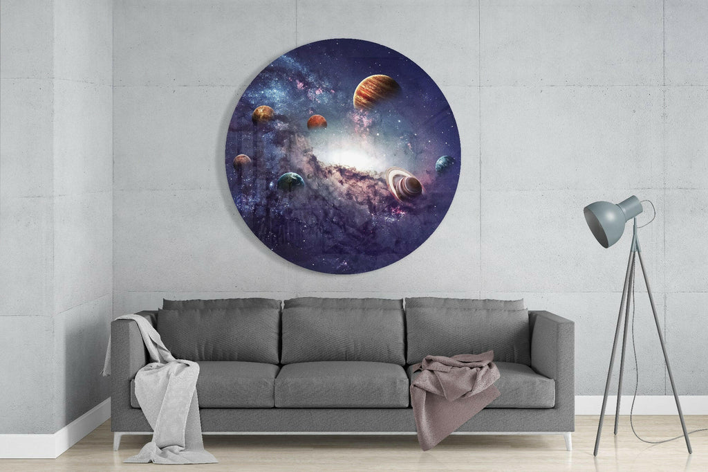 Round Solar System Planets Nebula Glass Wall Art