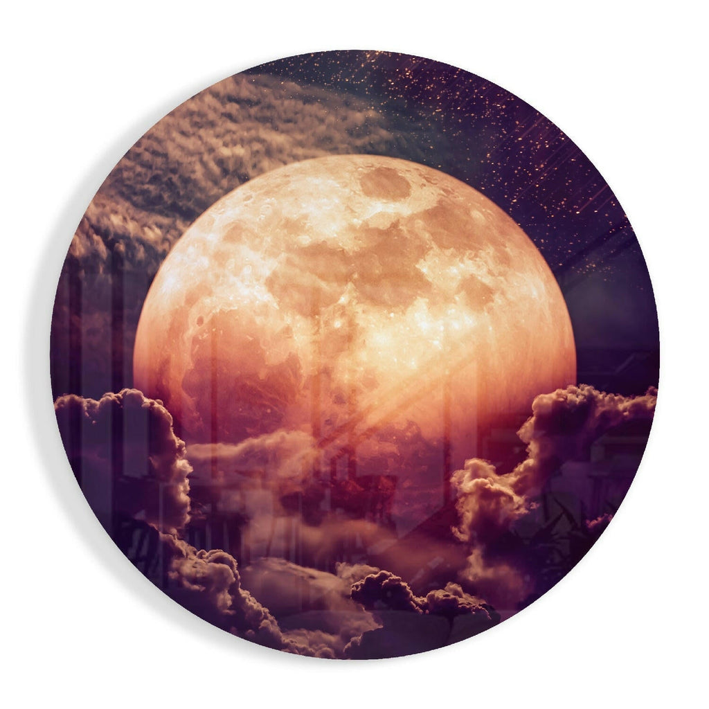 Round Glowing Moon In Purple Sky Glass Wall Art