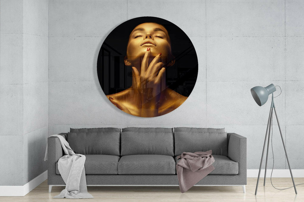 Round Golden Serenity Woman Glass Wall Art