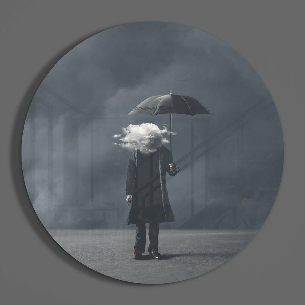 Round Cloud Head Man In Gray Mist Glass Wall Art