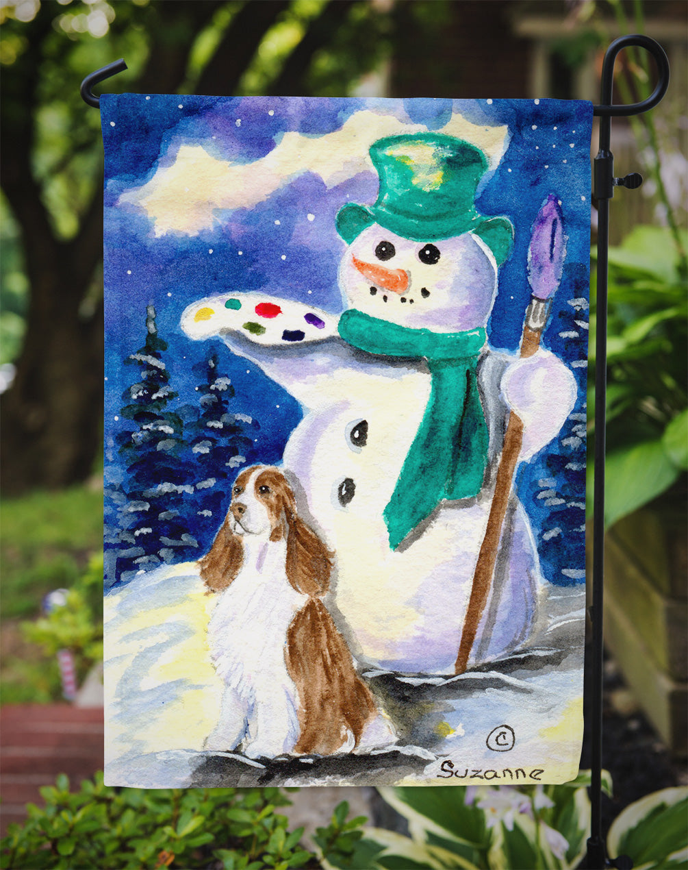 English Springer Spaniel with Artist Snowman Garden Flag Mailbox Decorative Yard Banner Outside Patio Artwork for Flower Beds, Garden Size, Multicolor