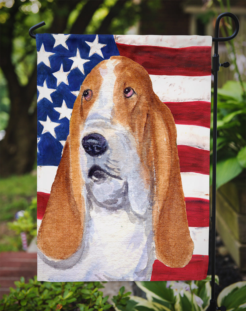 USA American Flag with Basset Hound Garden Flag Mailbox Decorative Yard Banner Outside Patio Artwork for Flower Beds, Garden Size, Multicolor