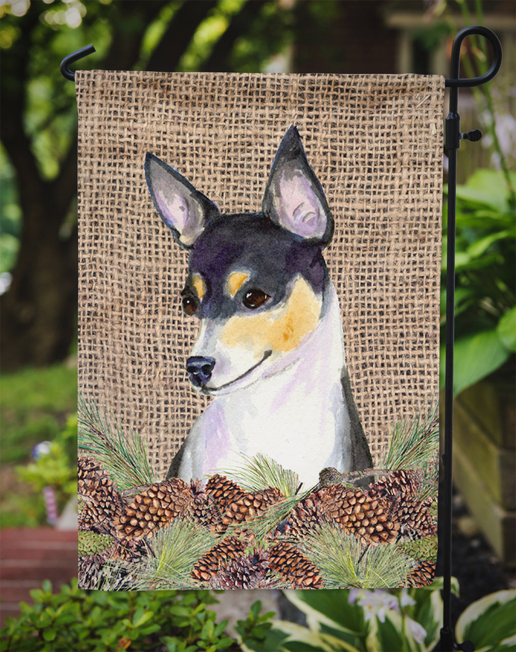 Fox Terrier on Faux Burlap with Pine Cones Garden Flag Mailbox Decorative Yard Banner Outside Patio Artwork for Flower Beds, Garden Size, Multicolor