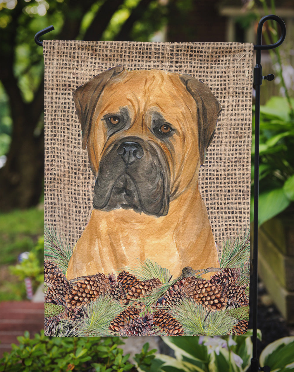 Bullmastiff on Faux Burlap with Pine Cones Garden Flag Mailbox Decorative Yard Banner Outside Patio Artwork for Flower Beds, Garden Size, Multicolor