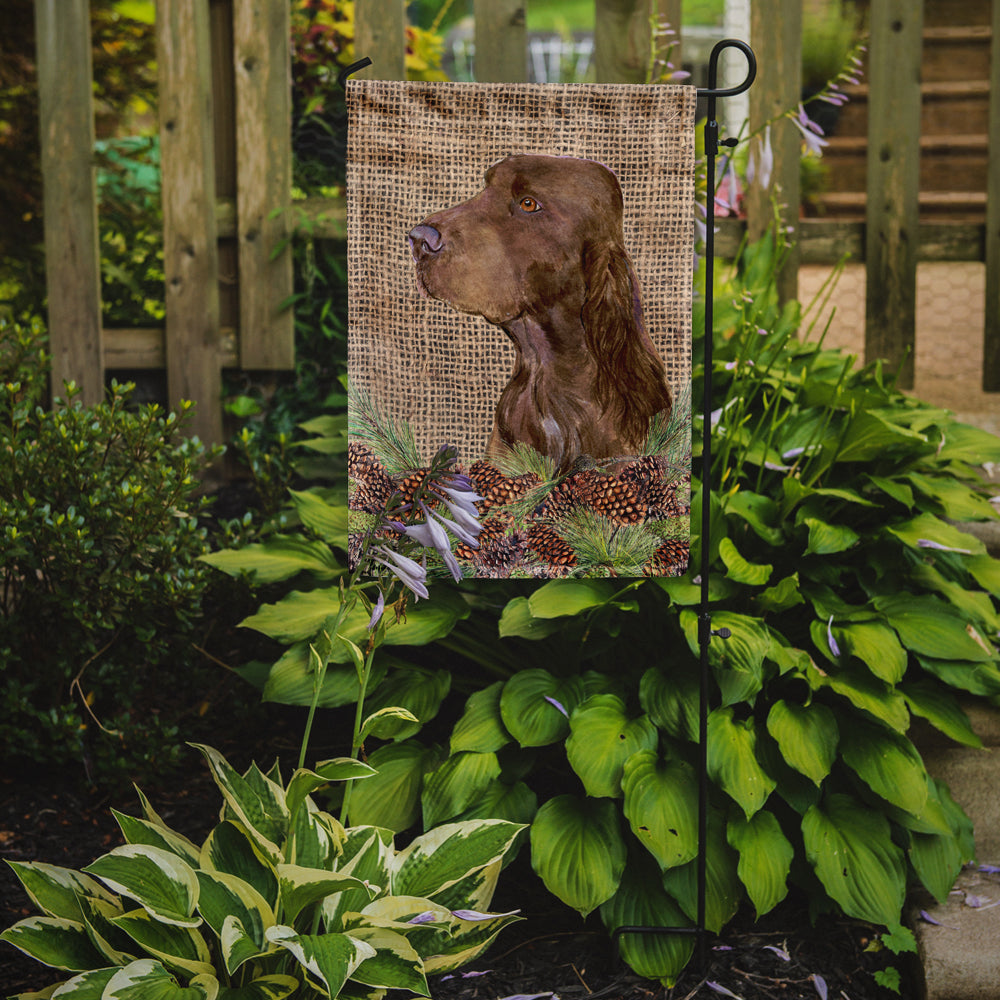Field Spaniel on Faux Burlap with Pine Cones Garden Flag Mailbox Decorative Yard Banner Outside Patio Artwork for Flower Beds, Garden Size, Multicolor