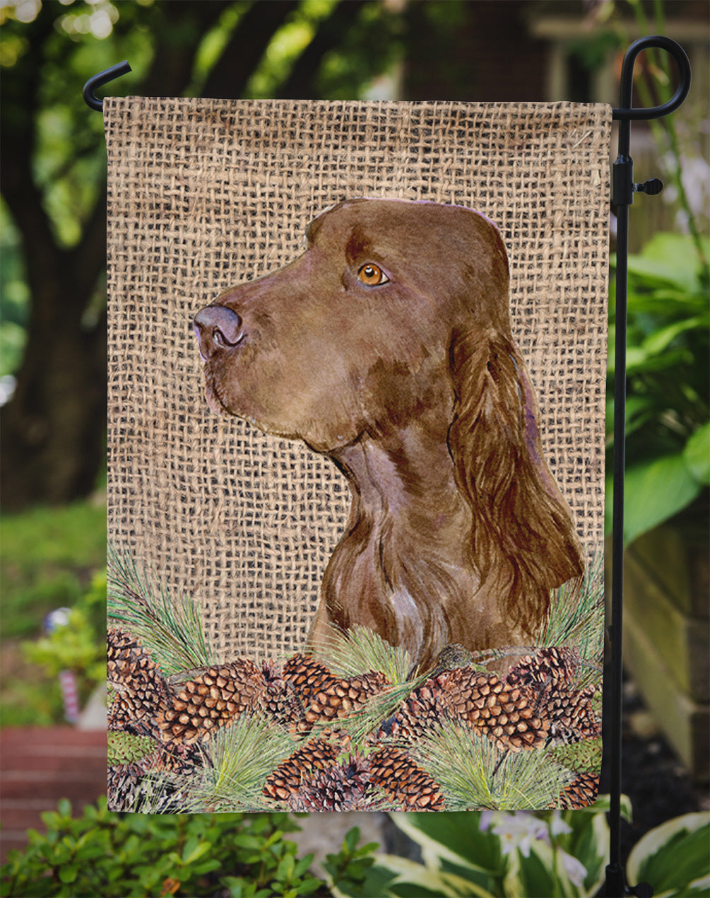 Field Spaniel on Faux Burlap with Pine Cones Garden Flag Mailbox Decorative Yard Banner Outside Patio Artwork for Flower Beds, Garden Size, Multicolor