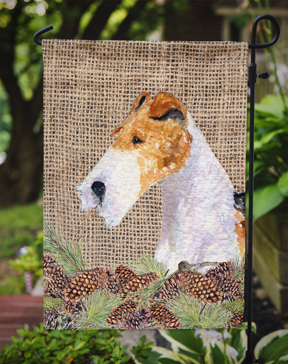 Fox Terrier on Faux Burlap with Pine Cones Garden Flag Mailbox Decorative Yard Banner Outside Patio Artwork for Flower Beds, Garden Size, Multicolor