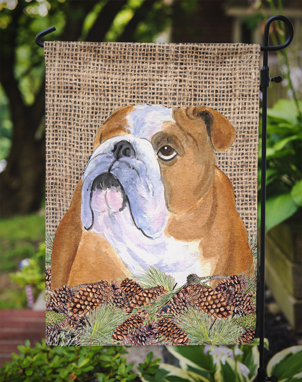 Bulldog English on Faux Burlap with Pine Cones Garden Flag Mailbox Decorative Yard Banner Outside Patio Artwork for Flower Beds, Garden Size, Multicolor