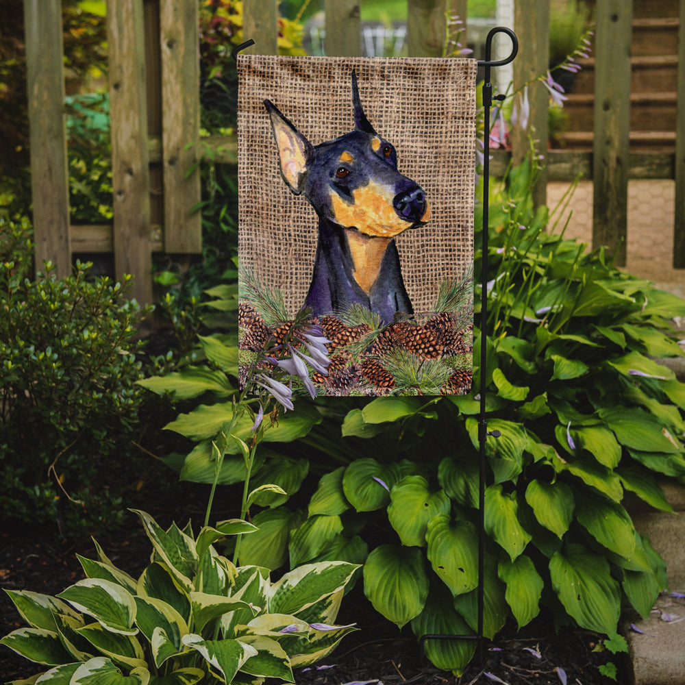 Doberman on Faux Burlap with Pine Cones Garden Flag Mailbox Decorative Yard Banner Outside Patio Artwork for Flower Beds, Garden Size, Multicolor
