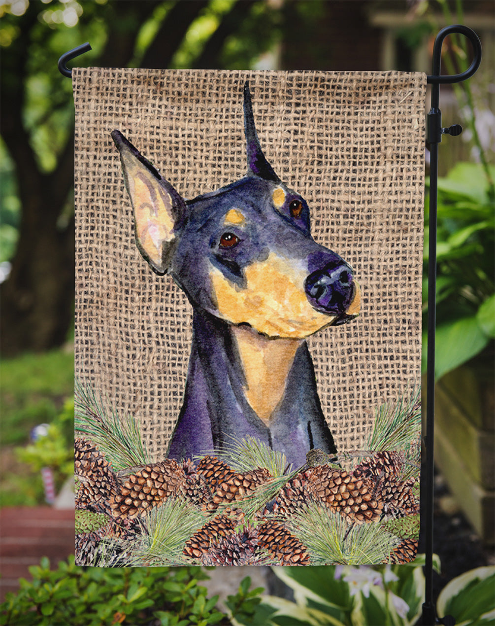 Doberman on Faux Burlap with Pine Cones Garden Flag Mailbox Decorative Yard Banner Outside Patio Artwork for Flower Beds, Garden Size, Multicolor
