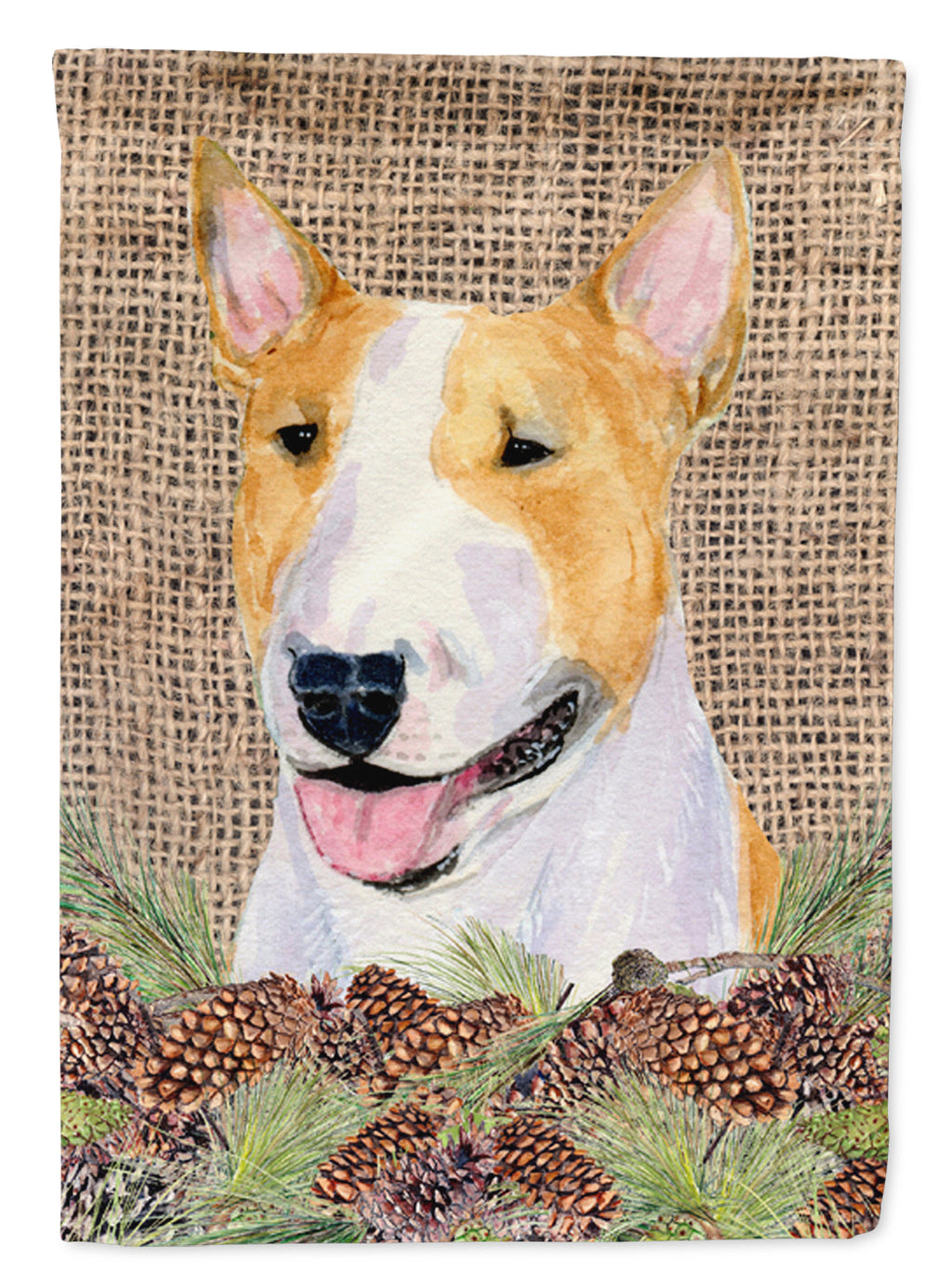 Bull Terrier on Faux Burlap with Pine Cones Garden Flag Mailbox Decorative Yard Banner Outside Patio Artwork for Flower Beds, Garden Size, Multicolor