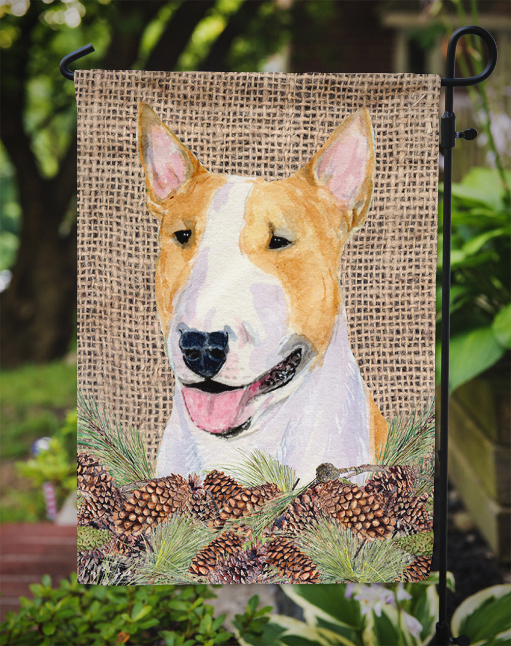 Bull Terrier on Faux Burlap with Pine Cones Garden Flag Mailbox Decorative Yard Banner Outside Patio Artwork for Flower Beds, Garden Size, Multicolor