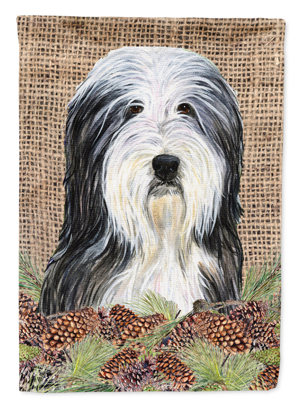 Bearded Collie on Faux Burlap with Pine Cones Garden Flag Mailbox Decorative Yard Banner Outside Patio Artwork for Flower Beds, Garden Size, Multicolor
