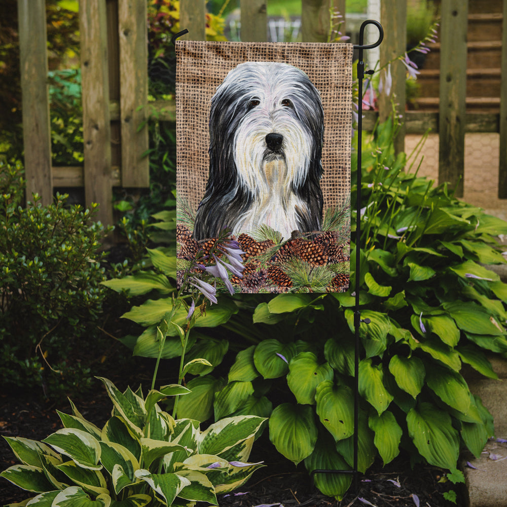 Bearded Collie on Faux Burlap with Pine Cones Garden Flag Mailbox Decorative Yard Banner Outside Patio Artwork for Flower Beds, Garden Size, Multicolor