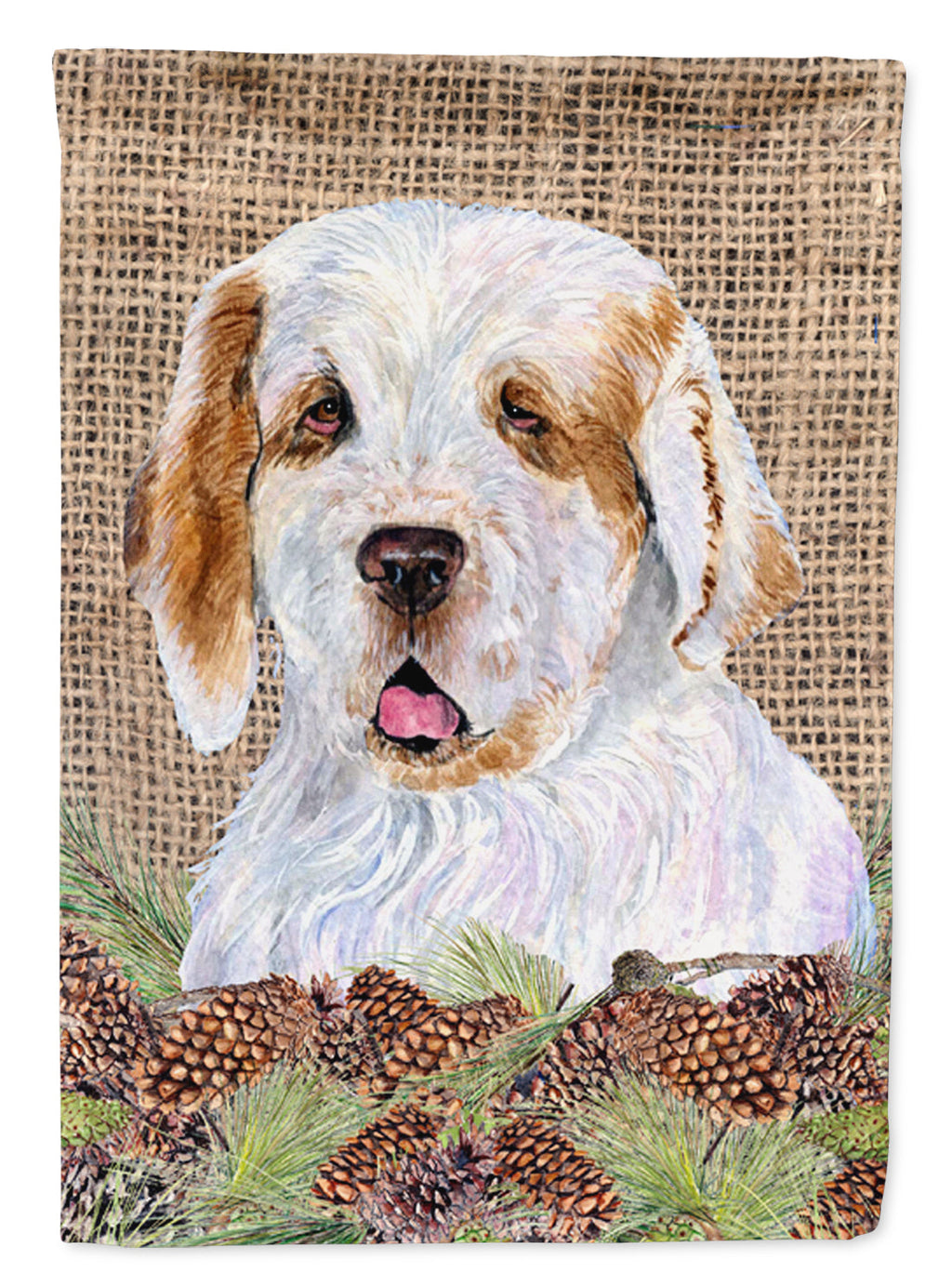 Clumber Spaniel on Faux Burlap with Pine Cones Garden Flag Mailbox Decorative Yard Banner Outside Patio Artwork for Flower Beds, Garden Size, Multicolor
