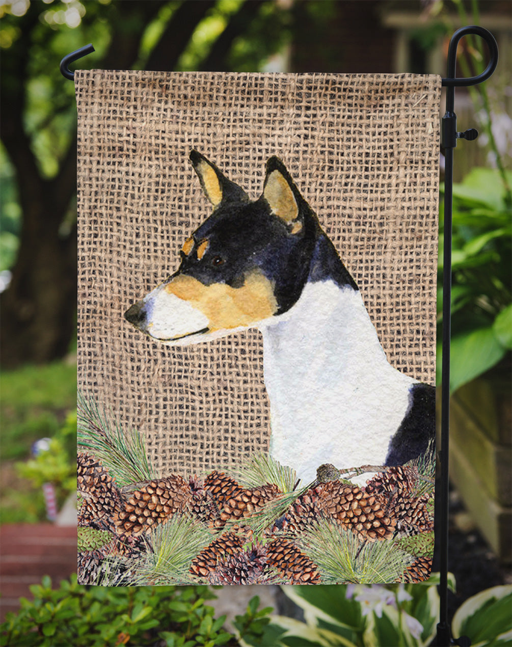 Basenji on Faux Burlap with Pine Cones Garden Flag Mailbox Decorative Yard Banner Outside Patio Artwork for Flower Beds, Garden Size, Multicolor