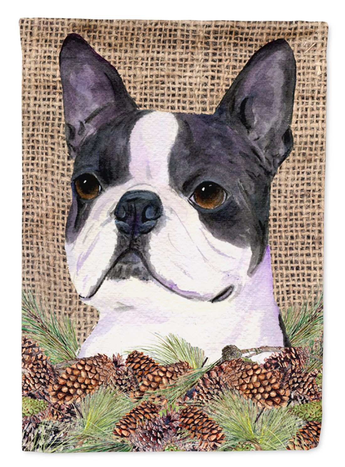 Boston Terrier on Faux Burlap with Pine Cones Garden Flag Mailbox Decorative Yard Banner Outside Patio Artwork for Flower Beds, Garden Size, Multicolor