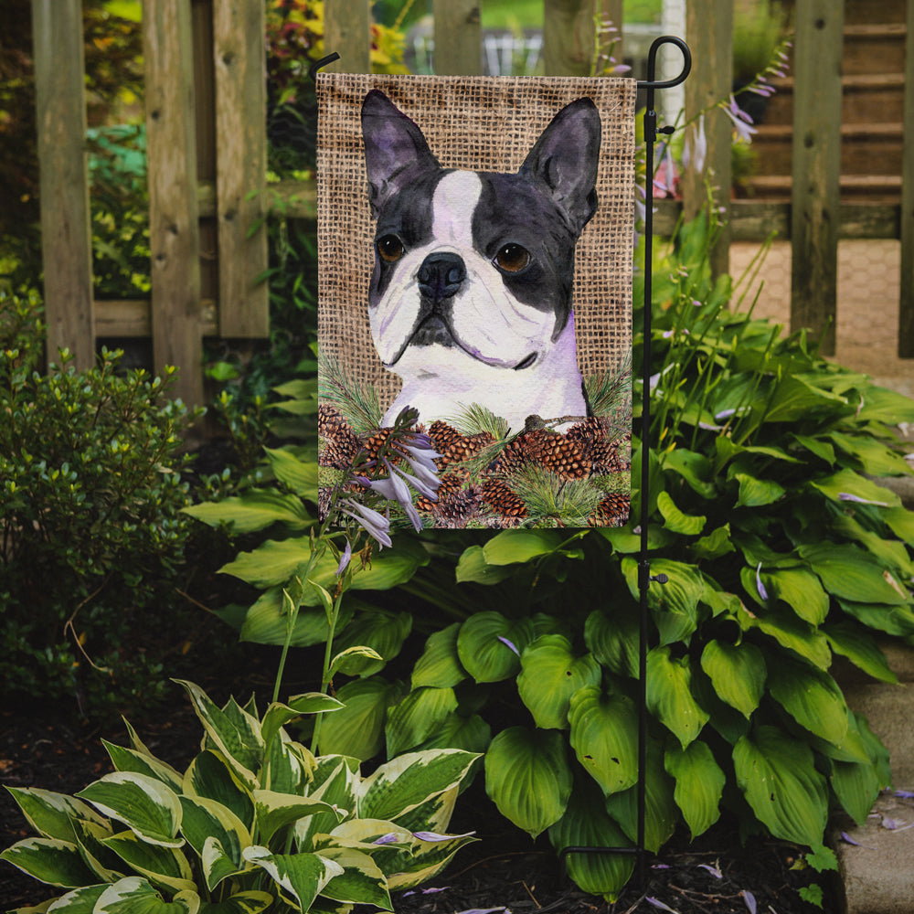 Boston Terrier on Faux Burlap with Pine Cones Garden Flag Mailbox Decorative Yard Banner Outside Patio Artwork for Flower Beds, Garden Size, Multicolor