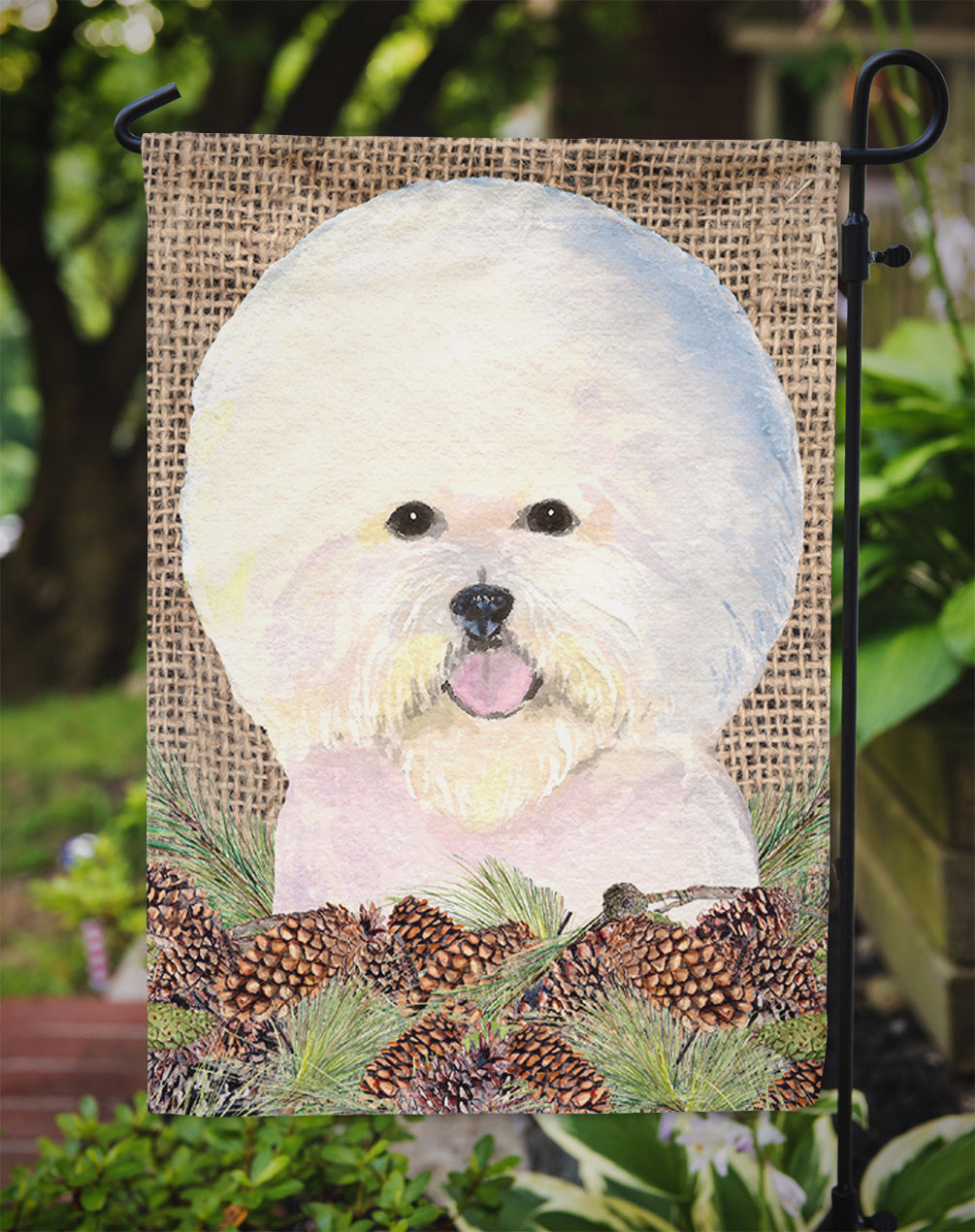 Bichon Frise on Faux Burlap with Pine Cones Garden Flag Mailbox Decorative Yard Banner Outside Patio Artwork for Flower Beds, Garden Size, Multicolor