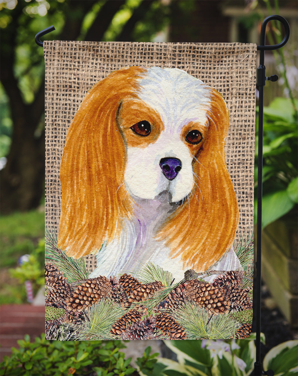 Cavalier Spaniel on Faux Burlap with Pine Cones Garden Flag Mailbox Decorative Yard Banner Outside Patio Artwork for Flower Beds, Garden Size, Multicolor