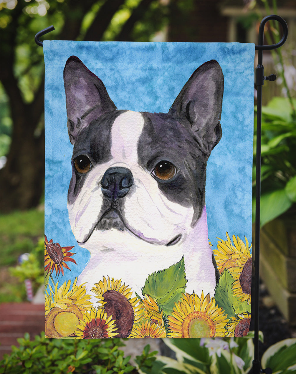Boston Terrier in Summer Flowers Garden Flag Mailbox Decorative Yard Banner Outside Patio Artwork for Flower Beds, Garden Size, Multicolor