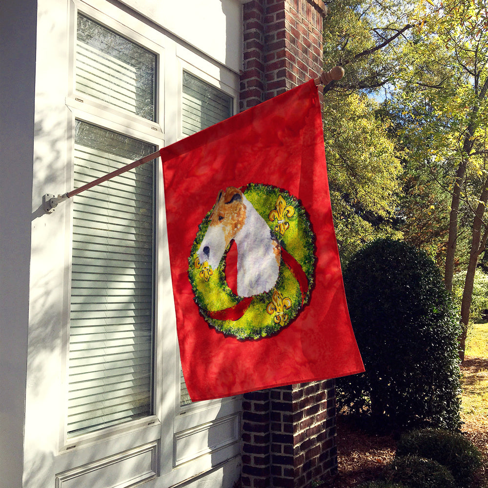 Fox Terrier Cristmas Wreath House Flag 28x40 Porch Sleeve Pole Decorative Outside Yard Banner Artwork Wall Hanging, Polyester