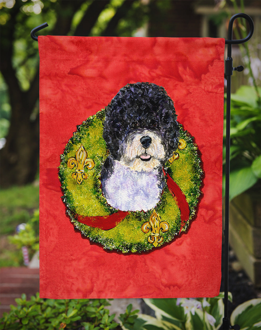 Portuguese Water Dog Cristmas Wreath Garden Flag Mailbox Decorative Yard Banner Outside Patio Artwork for Flower Beds, Garden Size, Multicolor