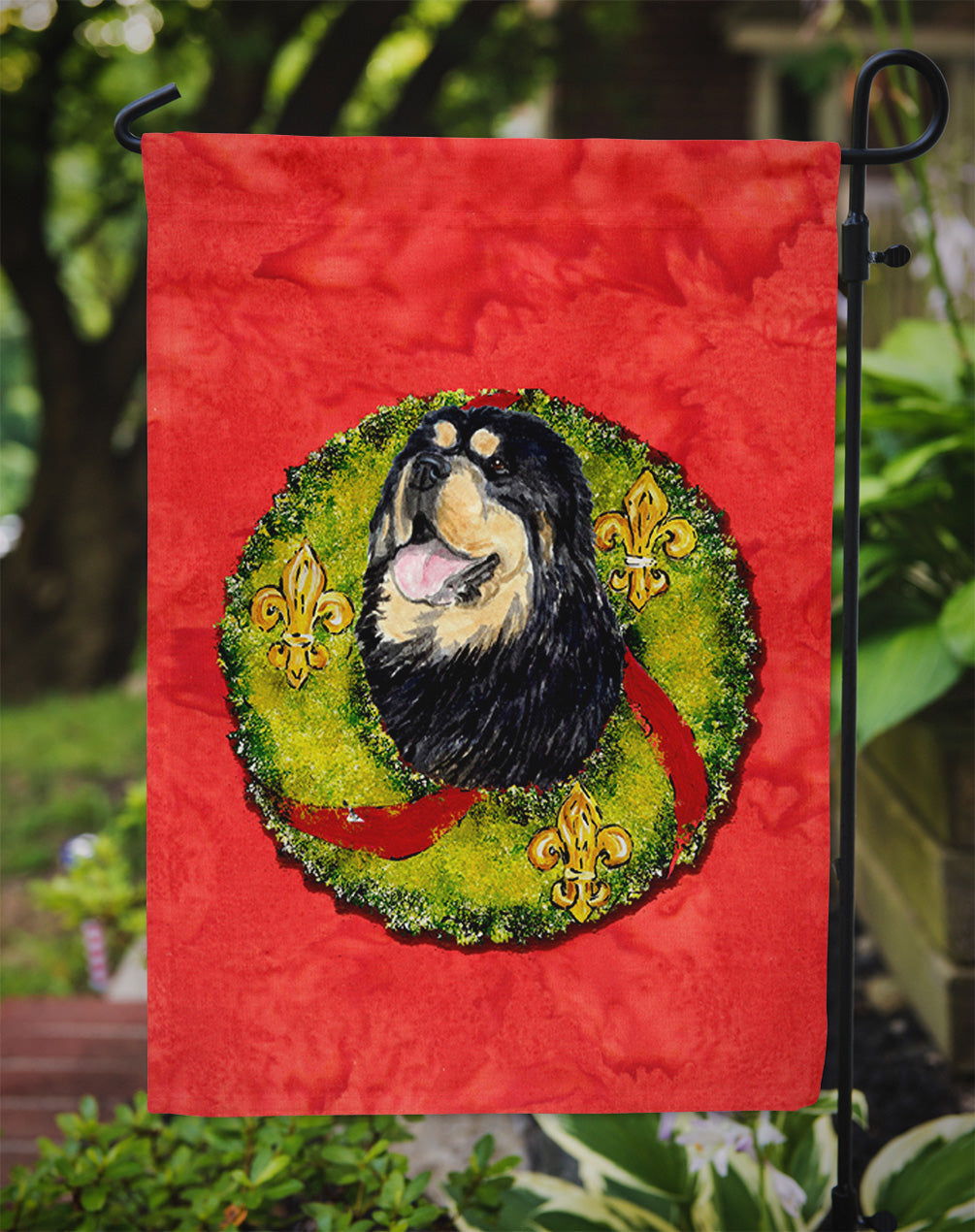 Tibetan Mastiff Cristmas Wreath Garden Flag Mailbox Decorative Yard Banner Outside Patio Artwork for Flower Beds, Garden Size, Multicolor