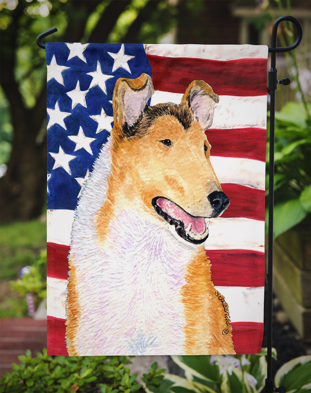 USA American Flag with Collie Smooth Garden Flag Mailbox Decorative Yard Banner Outside Patio Artwork for Flower Beds, Garden Size, Multicolor