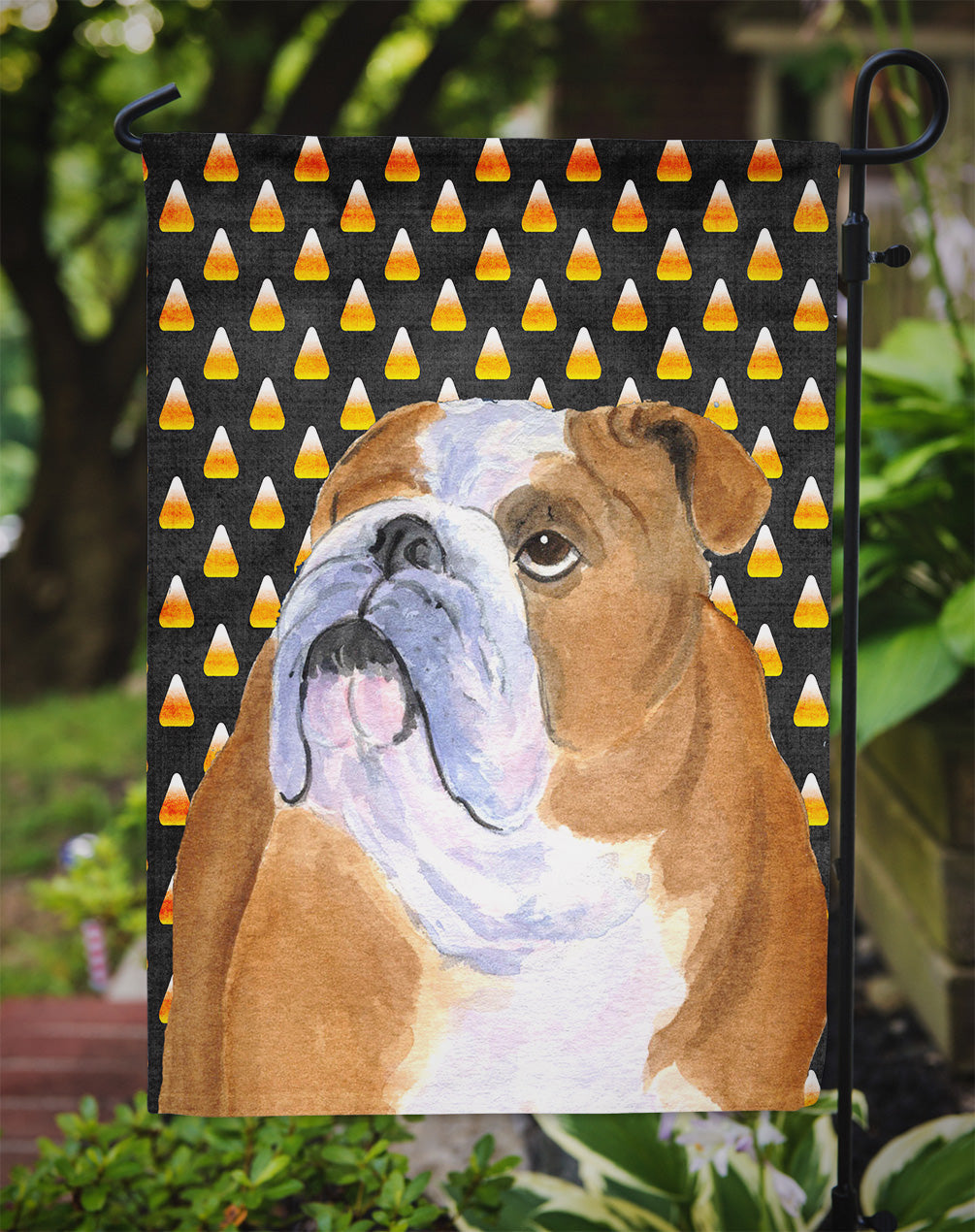 Bulldog English Candy Corn Halloween Portrait Garden Flag Mailbox Decorative Yard Banner Outside Patio Artwork for Flower Beds, Garden Size, Multicolor