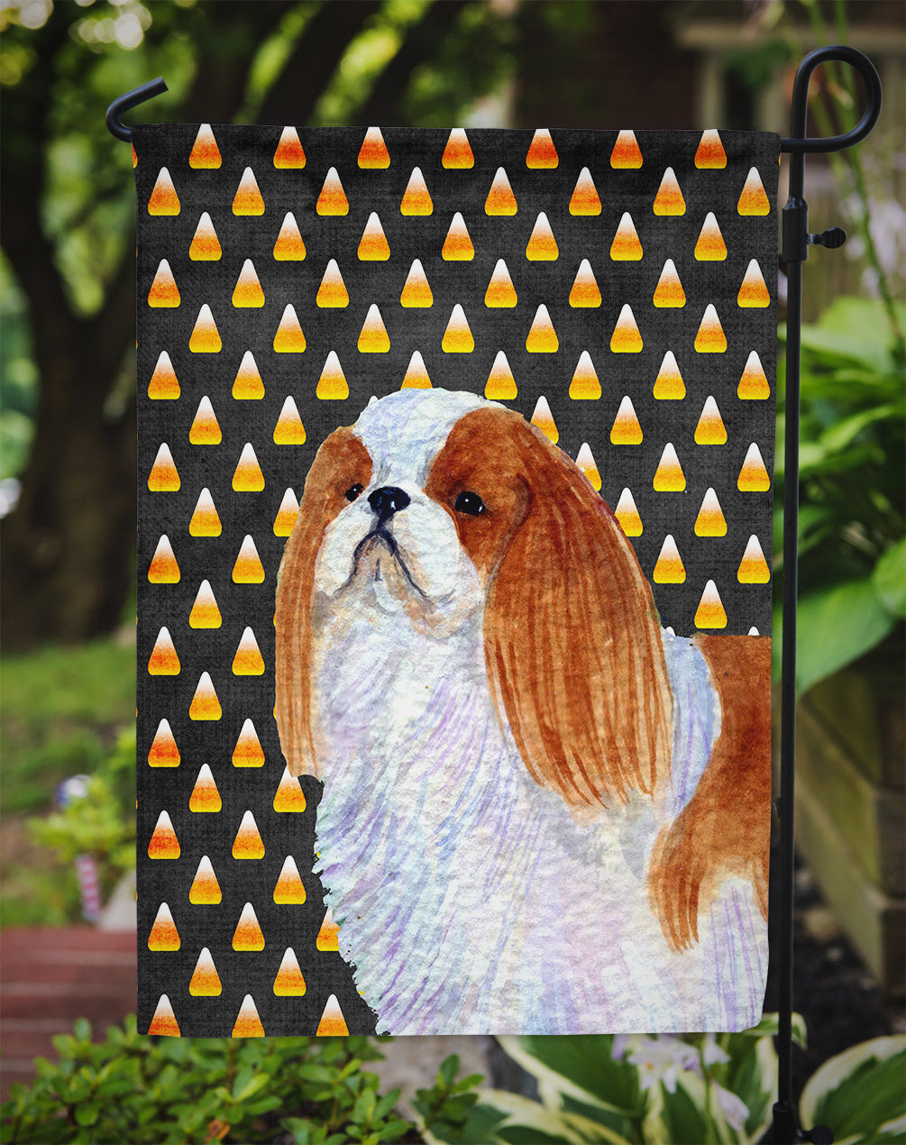 English Toy Spaniel Candy Corn Halloween Portrait Garden Flag Mailbox Decorative Yard Banner Outside Patio Artwork for Flower Beds, Garden Size, Multicolor