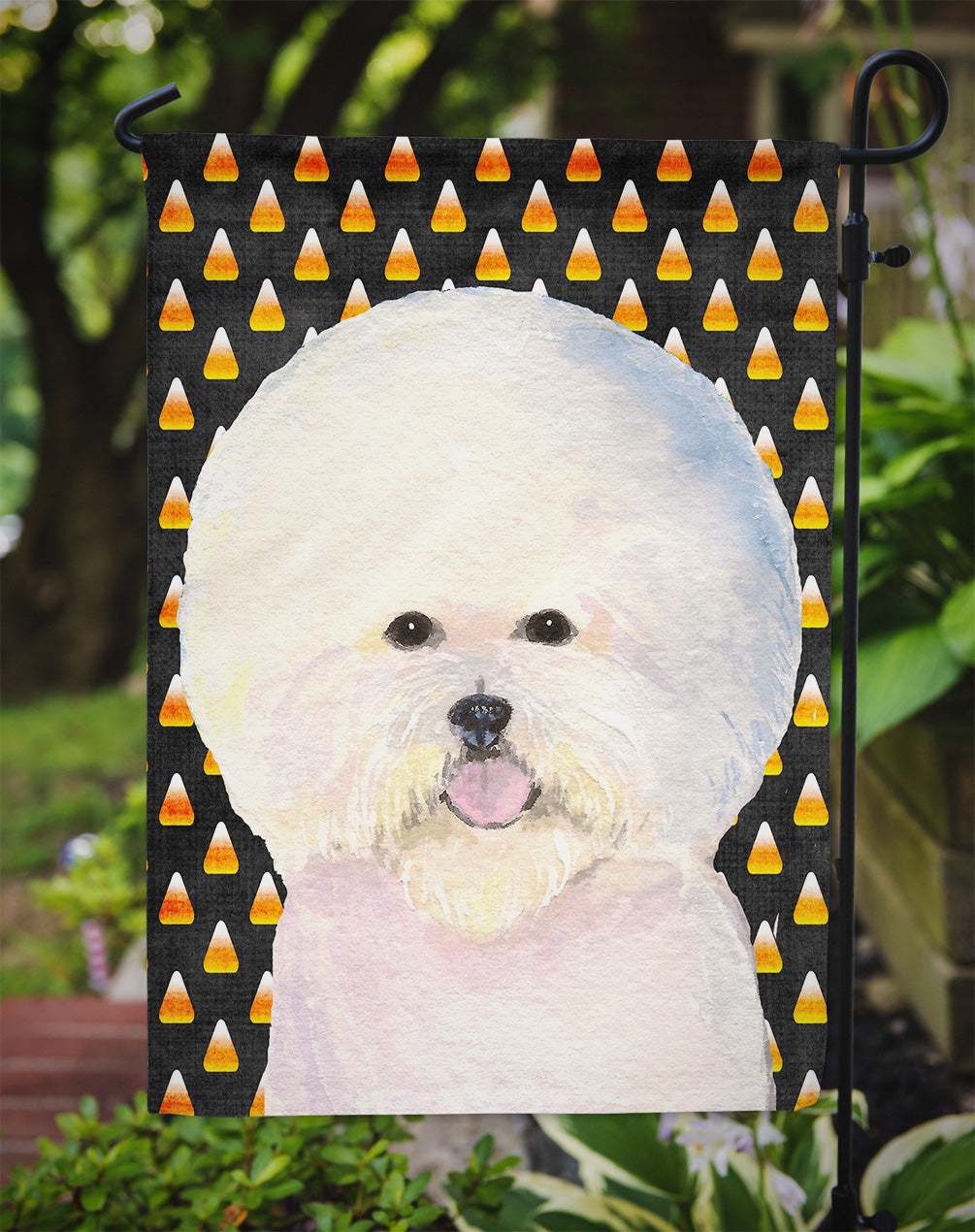 Bichon Frise Candy Corn Halloween Portrait Garden Flag Mailbox Decorative Yard Banner Outside Patio Artwork for Flower Beds, Garden Size, Multicolor