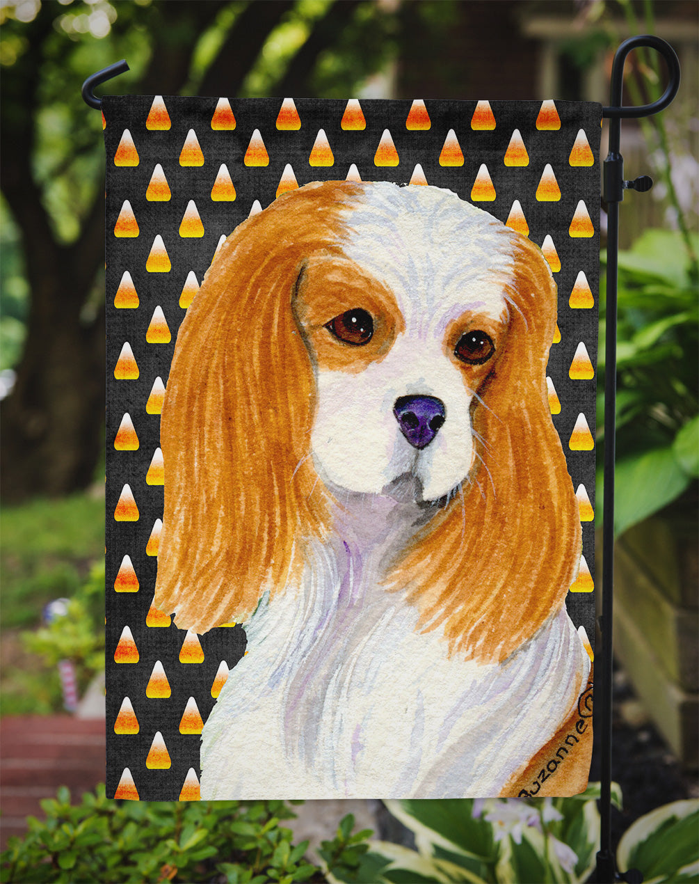 Cavalier Spaniel Candy Corn Halloween Portrait Garden Flag Mailbox Decorative Yard Banner Outside Patio Artwork for Flower Beds, Garden Size, Multicolor