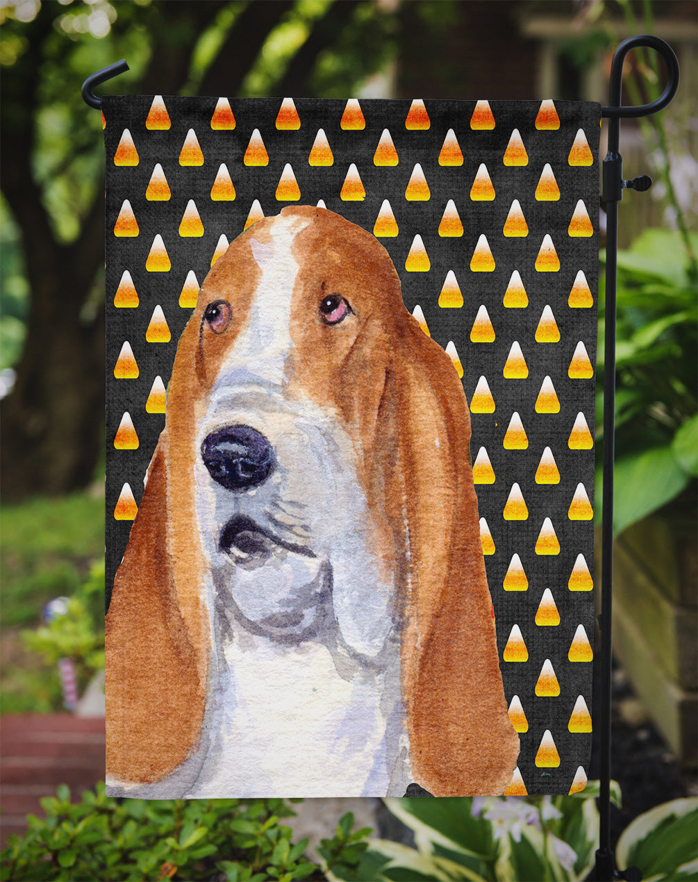 Basset Hound Candy Corn Halloween Portrait Garden Flag Mailbox Decorative Yard Banner Outside Patio Artwork for Flower Beds, Garden Size, Multicolor