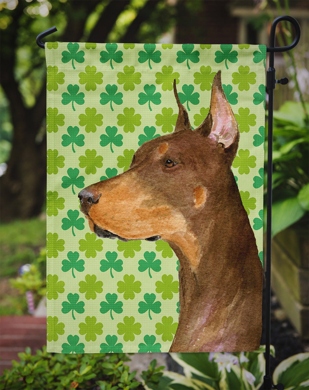 Doberman St. Patrick's Day Shamrock Portrait Garden Flag Mailbox Decorative Yard Banner Outside Patio Artwork for Flower Beds, Garden Size, Multicolor
