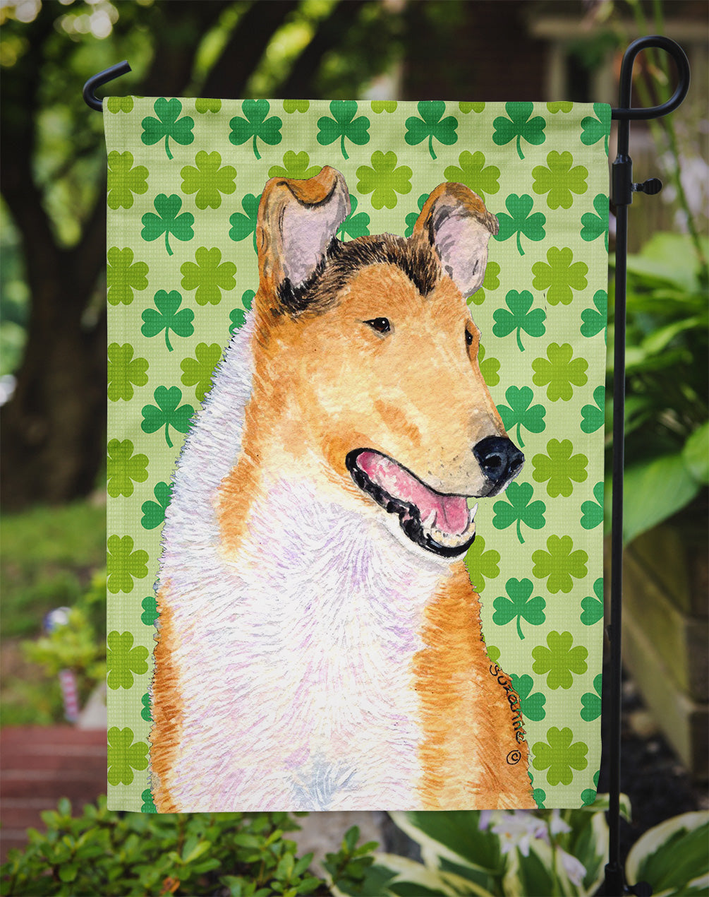 Collie Smooth St. Patrick's Day Shamrock Portrait Garden Flag Mailbox Decorative Yard Banner Outside Patio Artwork for Flower Beds, Garden Size, Multicolor