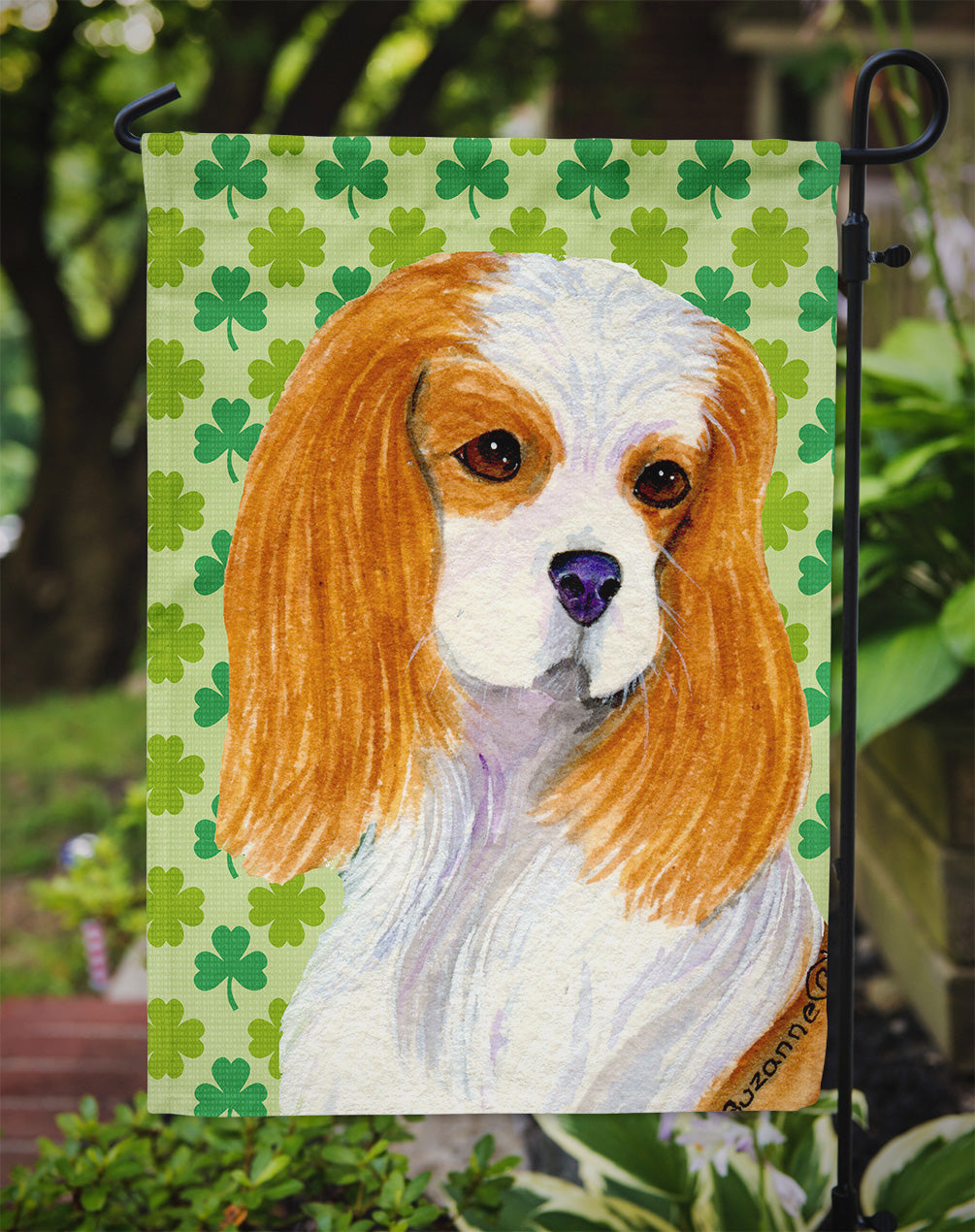 Cavalier Spaniel St. Patrick's Day Shamrock Portrait Garden Flag Mailbox Decorative Yard Banner Outside Patio Artwork for Flower Beds, Garden Size, Multicolor