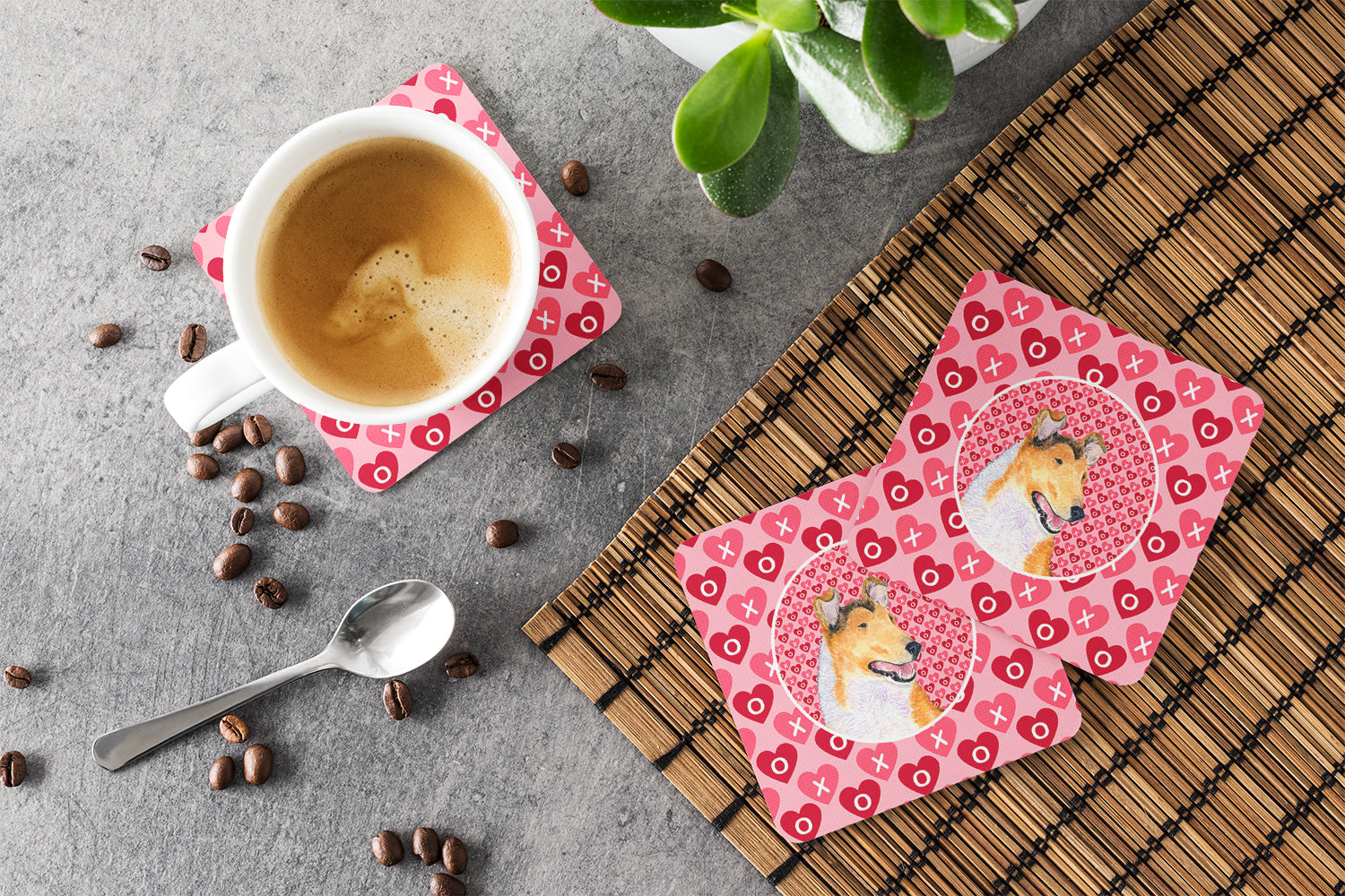 Collie Smooth Hearts Love and Valentine's Day Portrait Foam Coasters Set of 4 Cup Coasters for Indoor Outdoor, Tabletop Protection, Anti Slip, Mouse pad Material