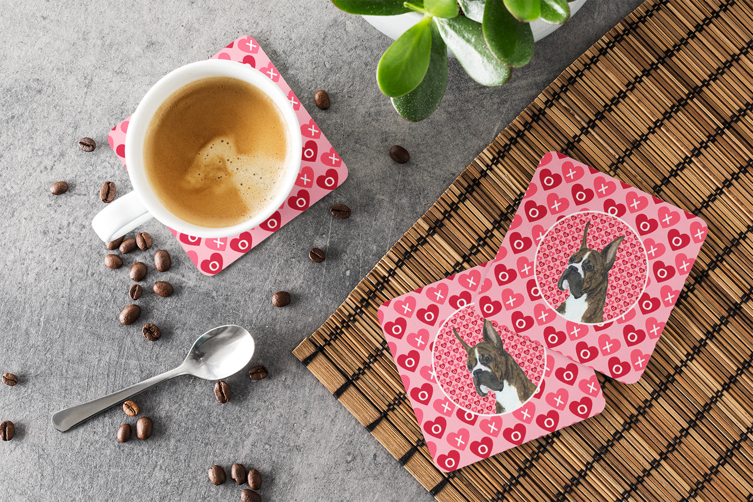 Boxer Hearts Love and Valentine's Day Portrait Foam Coasters Set of 4 Cup Coasters for Indoor Outdoor, Tabletop Protection, Anti Slip, Mouse pad Material
