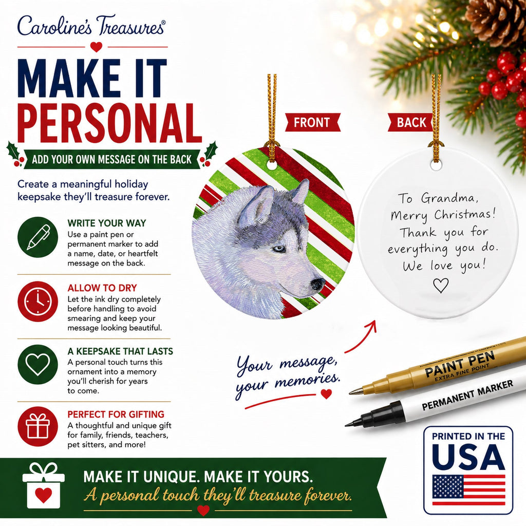 Siberian Husky Candy Cane Holiday Christmas Ceramic Ornament Christmas Tree Hanging Decorations for Home Christmas Holiday, Party, Gift, 3 in, Multicolor