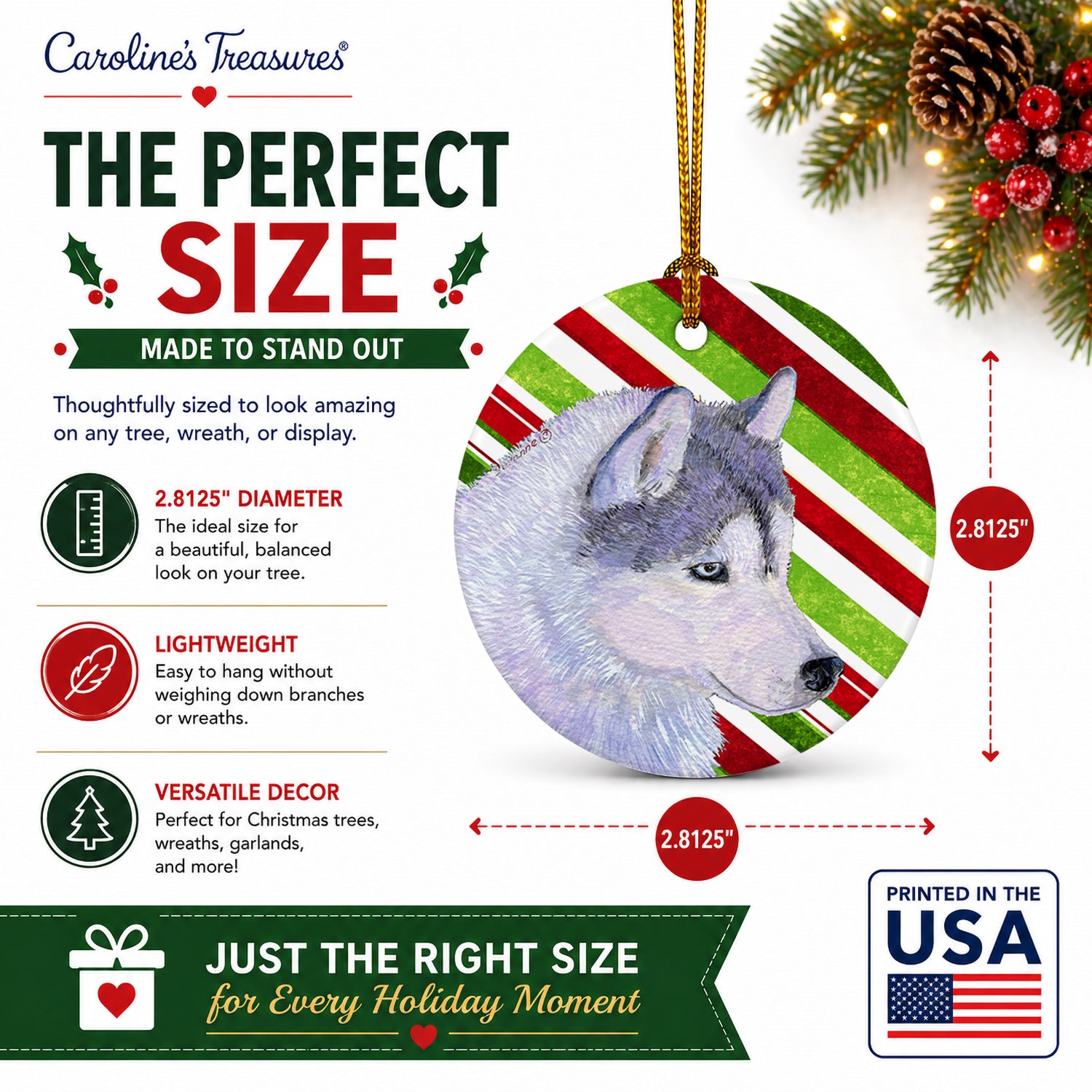 Siberian Husky Candy Cane Holiday Christmas Ceramic Ornament Christmas Tree Hanging Decorations for Home Christmas Holiday, Party, Gift, 3 in, Multicolor
