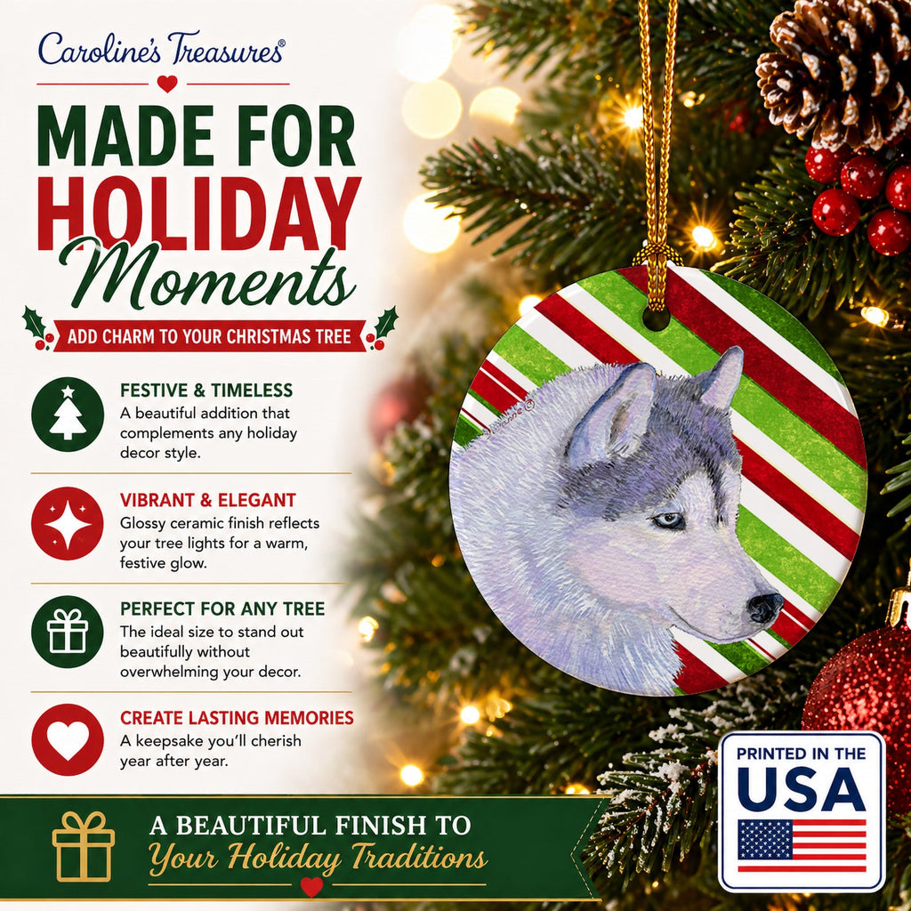 Siberian Husky Candy Cane Holiday Christmas Ceramic Ornament Christmas Tree Hanging Decorations for Home Christmas Holiday, Party, Gift, 3 in, Multicolor