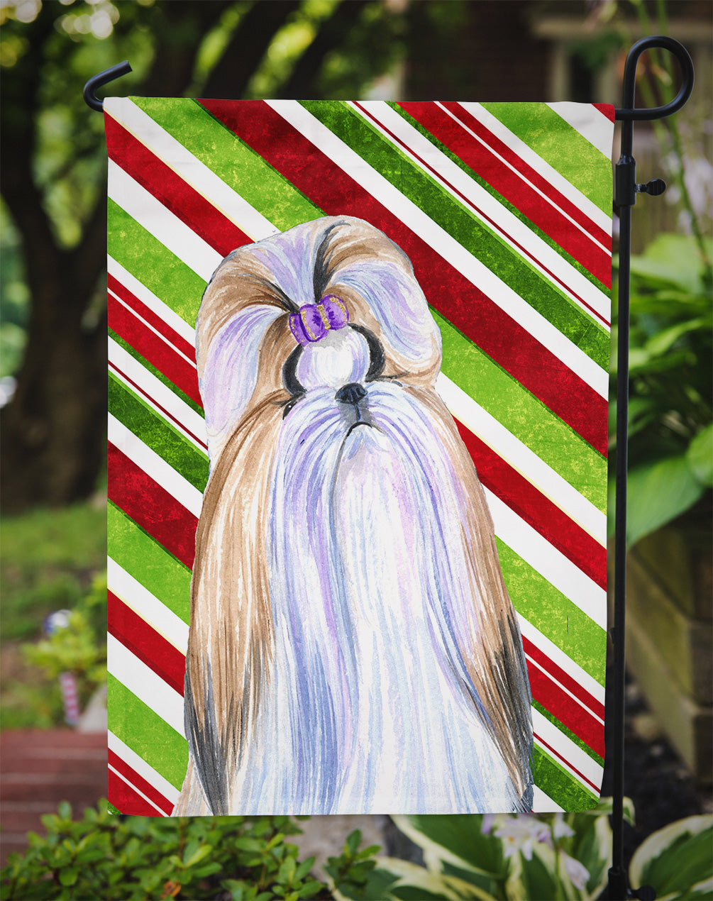 Shih Tzu Candy Cane Holiday Christmas Garden Flag Mailbox Decorative Yard Banner Outside Patio Artwork for Flower Beds, Garden Size, Multicolor