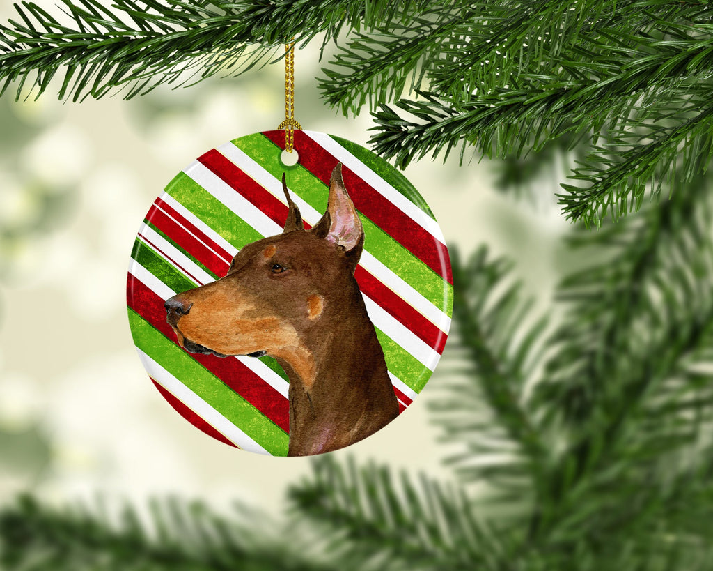 Doberman Candy Cane Holiday Christmas Ceramic Ornament Christmas Tree Hanging Decorations for Home Christmas Holiday, Party, Gift, 3 in, Multicolor