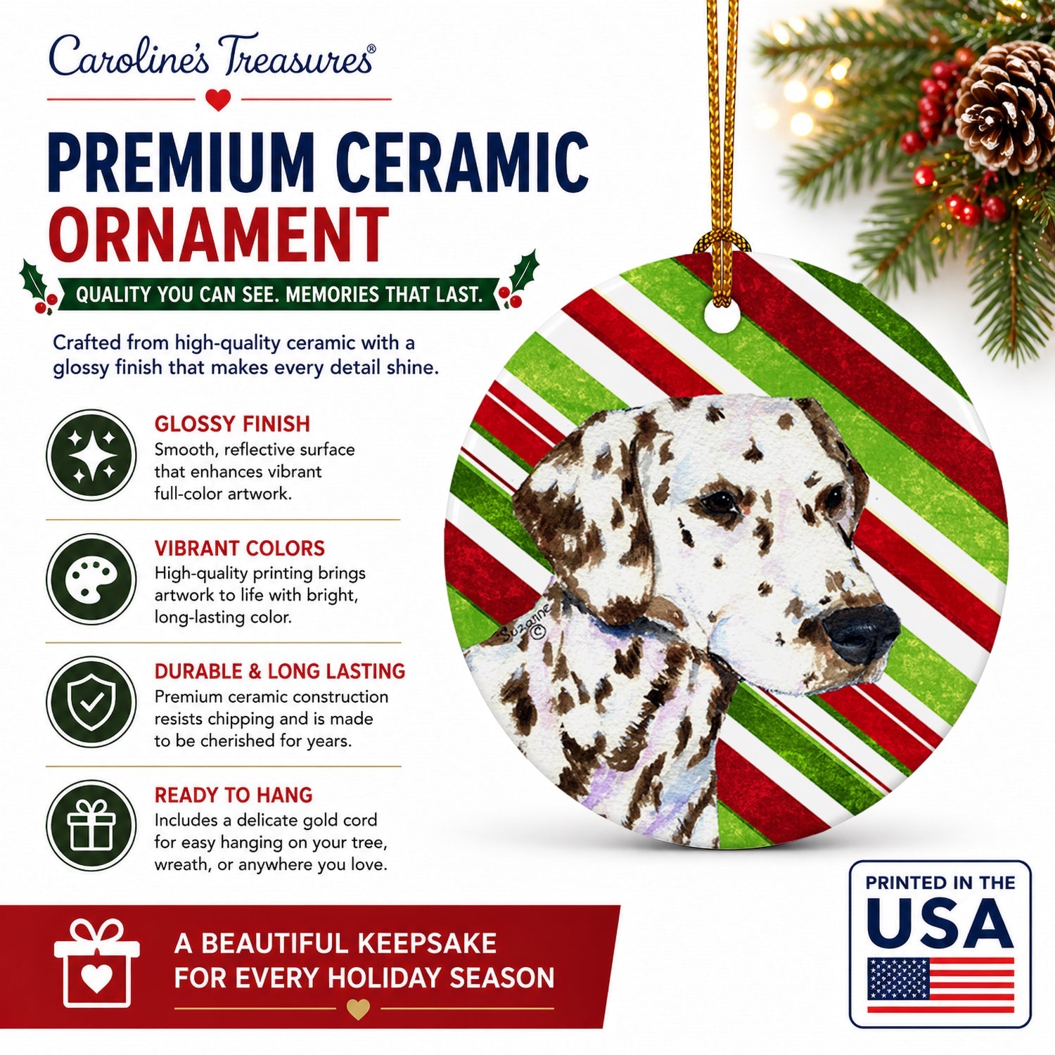 Dalmatian Candy Cane Holiday Christmas Ceramic Ornament Christmas Tree Hanging Decorations for Home Christmas Holiday, Party, Gift, 3 in, Multicolor