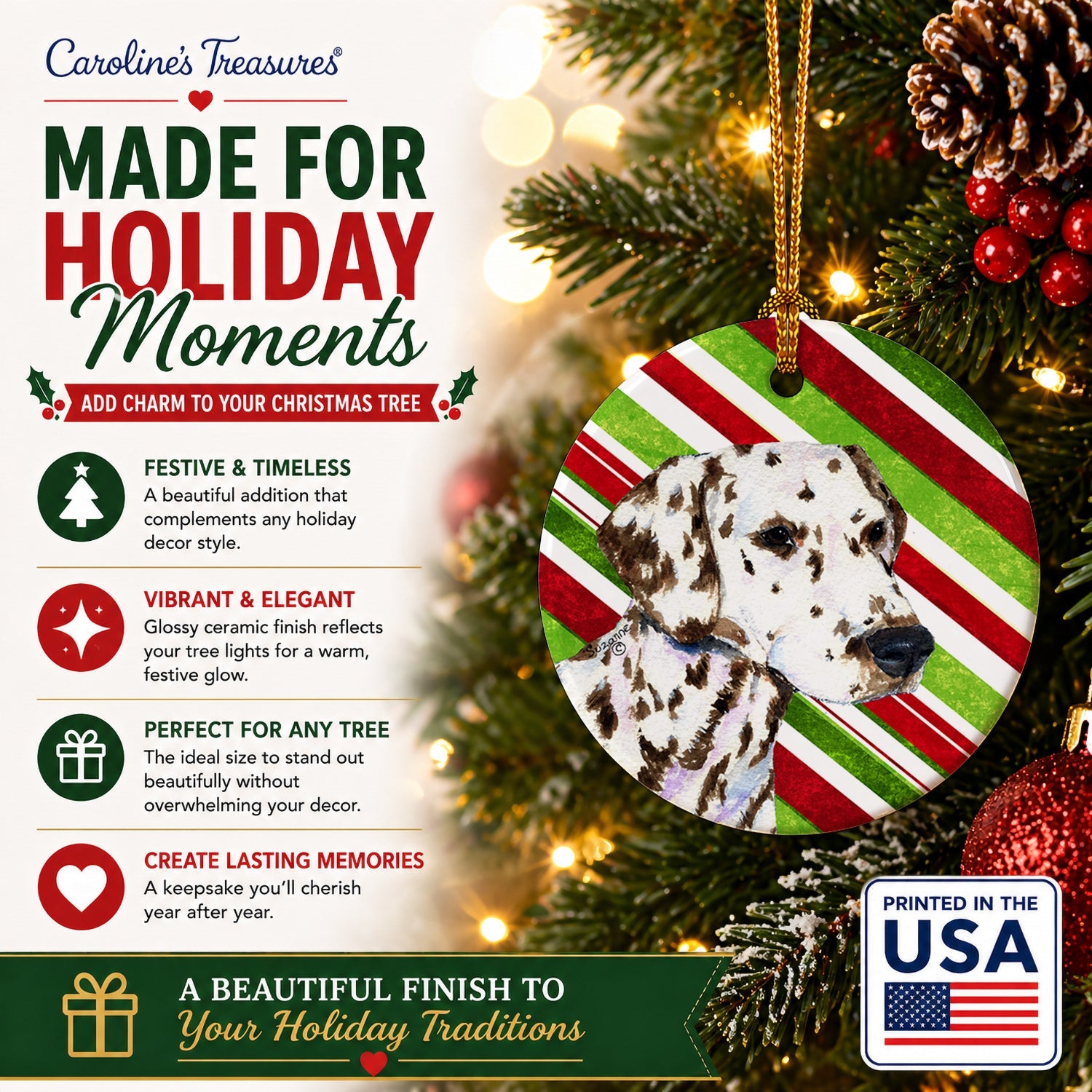 Dalmatian Candy Cane Holiday Christmas Ceramic Ornament Christmas Tree Hanging Decorations for Home Christmas Holiday, Party, Gift, 3 in, Multicolor