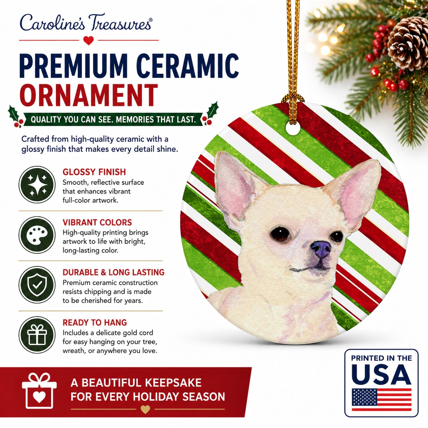 Chihuahua Candy Cane Holiday Christmas Ceramic Ornament Christmas Tree Hanging Decorations for Home Christmas Holiday, Party, Gift, 3 in, Multicolor