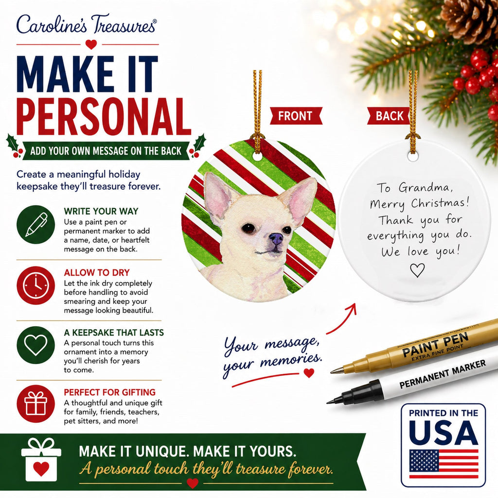 Chihuahua Candy Cane Holiday Christmas Ceramic Ornament Christmas Tree Hanging Decorations for Home Christmas Holiday, Party, Gift, 3 in, Multicolor