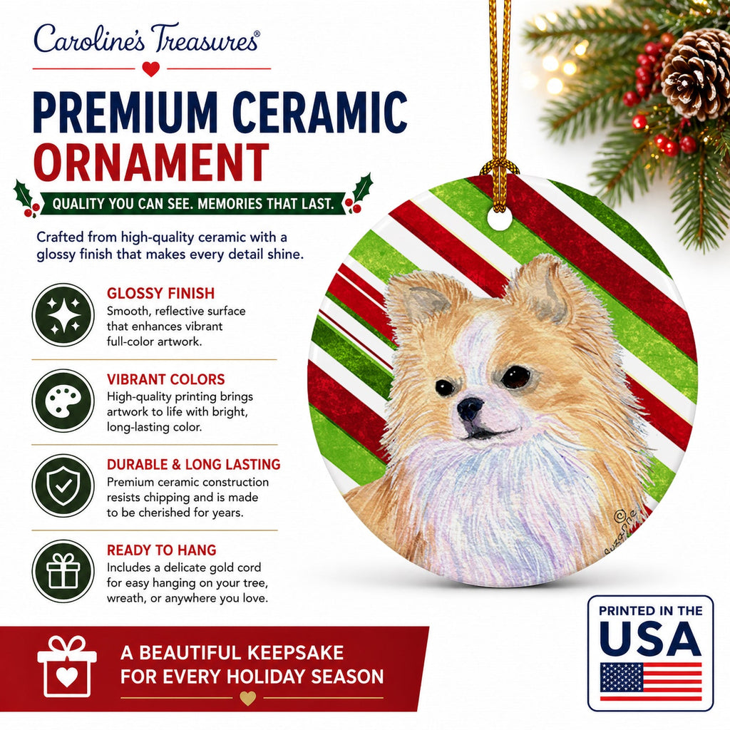 Chihuahua Candy Cane Holiday Christmas Ceramic Ornament Christmas Tree Hanging Decorations for Home Christmas Holiday, Party, Gift, 3 in, Multicolor